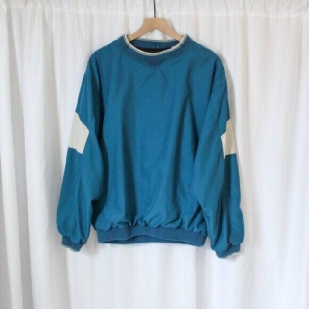 Vintage Tourney Varsity Crewneck Windbreaker Long Sleeve Teal and White Medium